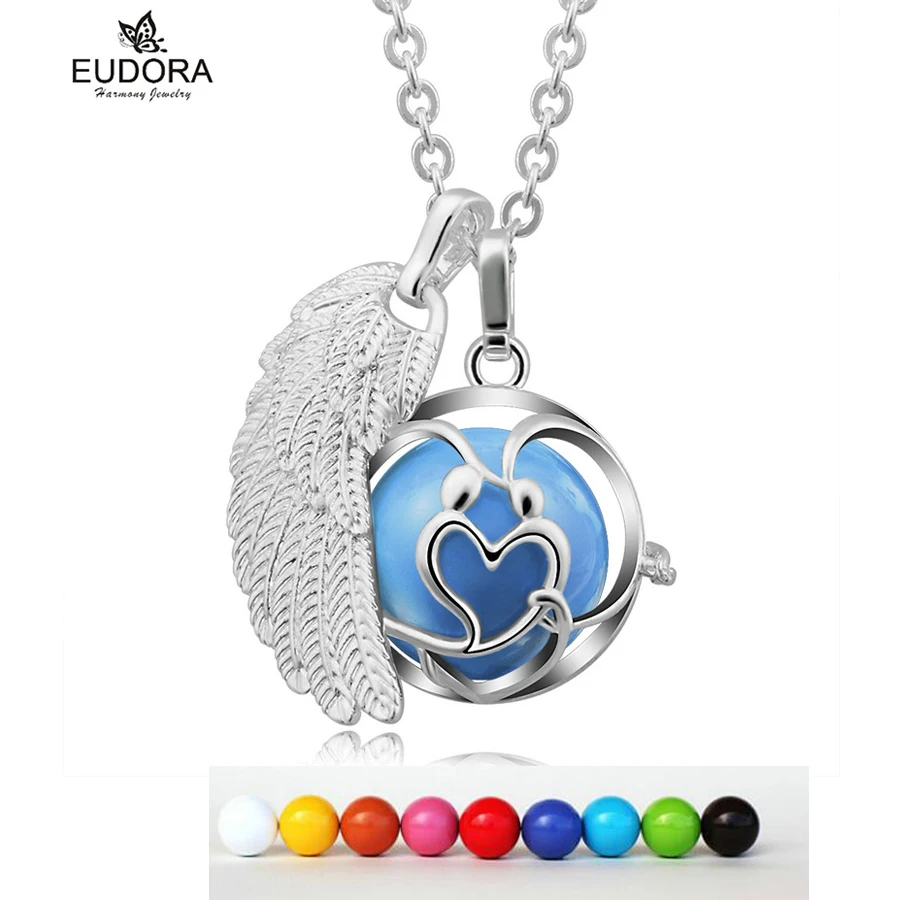 Eudora  20 mm Harmony Bola Ball wing Locket Cage Pendant Angel Caller Chime Ball Sound Mexican Bola Necklace Jewelry FK118N20