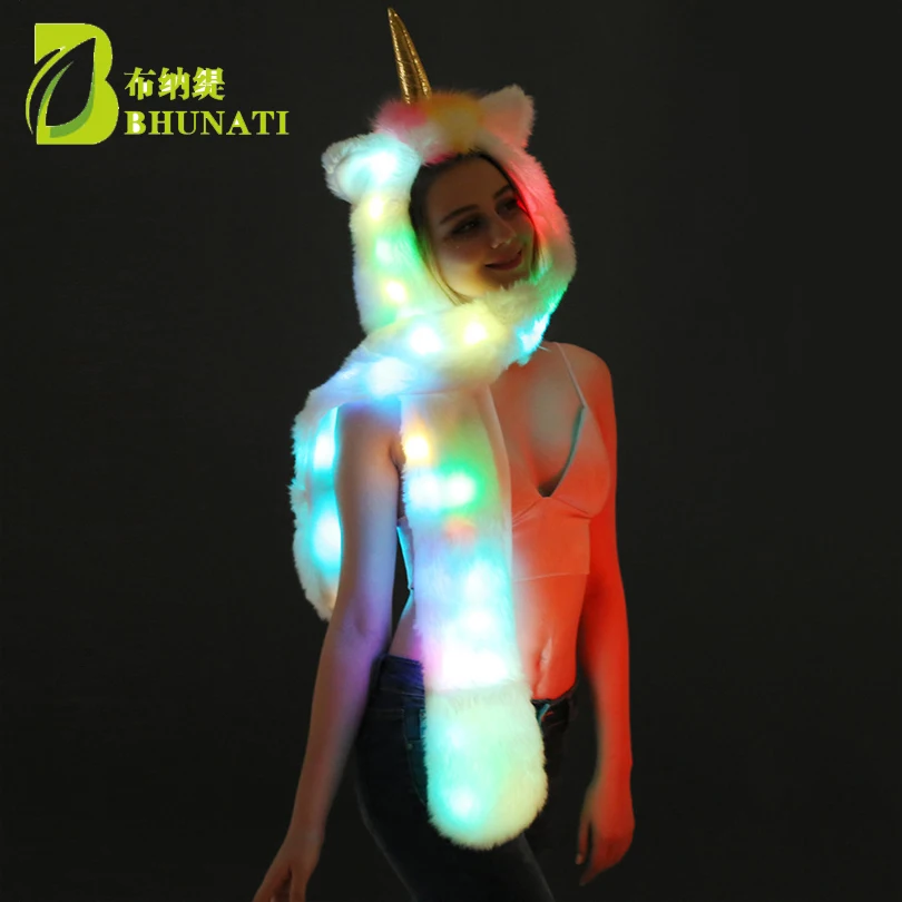 2024 New LED-lit Unicorn Hat Winter Fashion Warm Long Scarf And Gloves Multi-Scene Artificial Animal Fur Hat