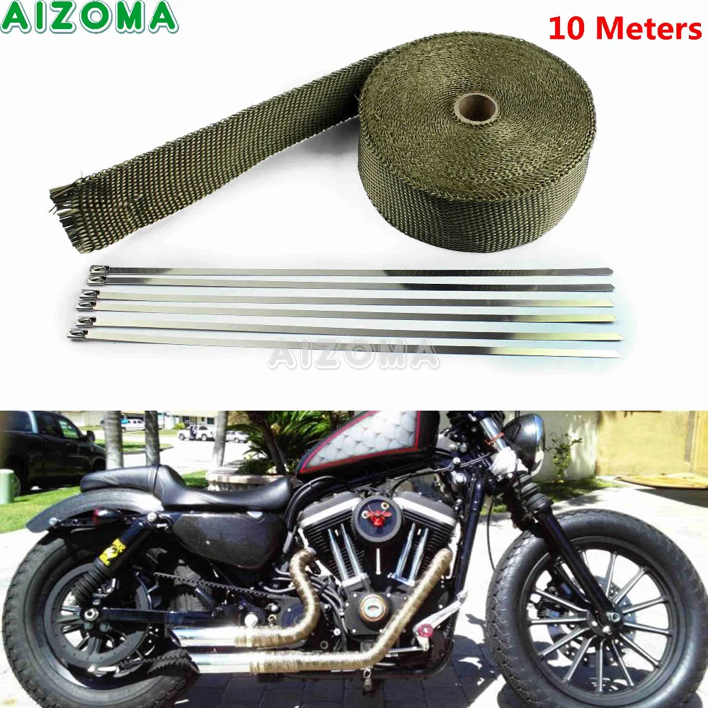 10 Meters Titanium Motorcycle Exhaust Wrap Tape 32ft Universal 1600K Thermal Heat Insulating Tape Warp w/6pcs Stainless Ties