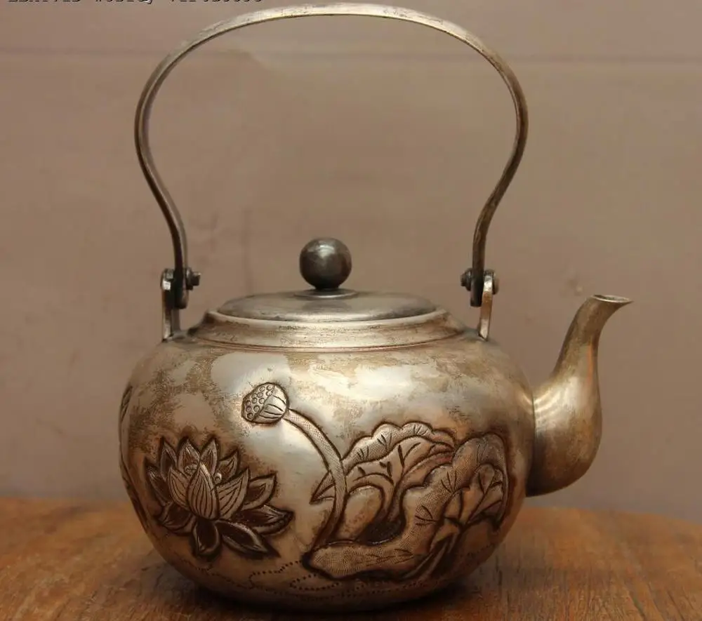 Archaic Jepan Technics Pure Silver Lotus Water Lily Water Pot TeaPot Teakettle