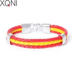 XQNI Fashion National Spain Flag ID Leather Bracelet Trendy Braided Surfer Bandage Charm Sporty Bracelets For Men Women Bangles