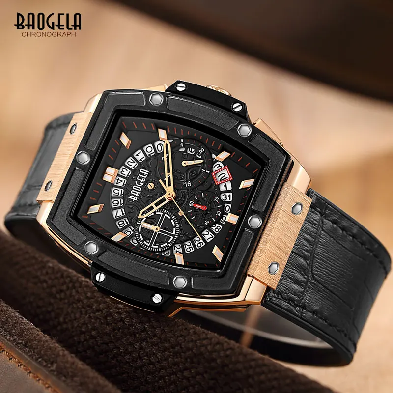 Baogela Chronograph Waterproof Quartz Wrist Watches for Men Rose Gold Leather Sports Stopwatch Relojios Masculinos 1703Rose