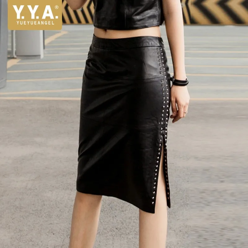 New Fashion Womens High Street Genuine Leather Sheepskin Rivet Split A-Line Natural Waist Skirts Female Falda