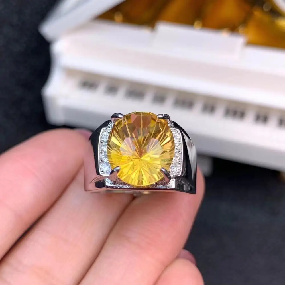 

yellow gem ring crackling bright yellow Citrine Ring men jewelry big size natural gem good cut birthday party anniversary gift