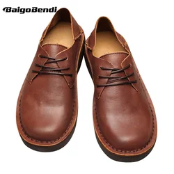 Recommend ! Retro Full Grain Leather Businessmen Round Toe Casual Shoes Leisure Man Lace Up Soft Oxfords Four Season