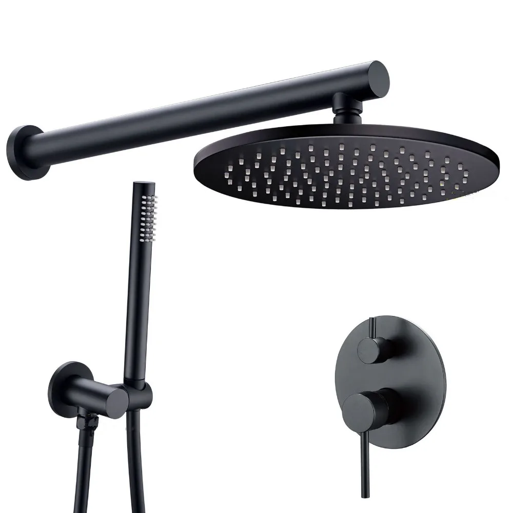 

Solid Brass Matte Black Shower Set Bathroom 8" Rian Shower Head Faucet wall mounted Shower Arm Diverter Mixer Handheld Spray Set