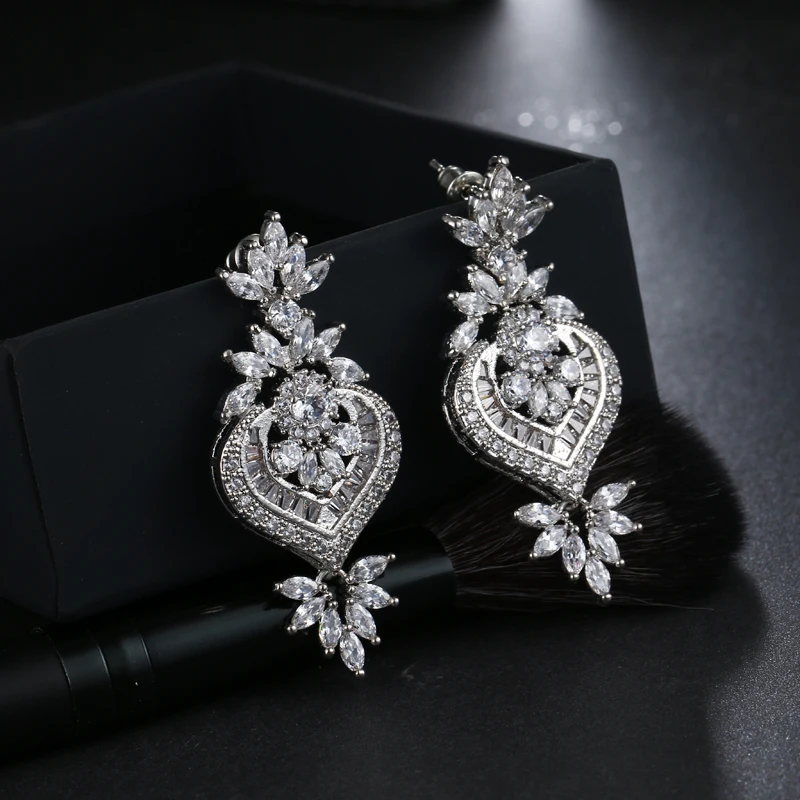 EMMAYA New Arrival Luxury Big Long Flower Pendant Drop Earrings With Shining CZ Brincos Bridal Women Wedding Party Jewelry