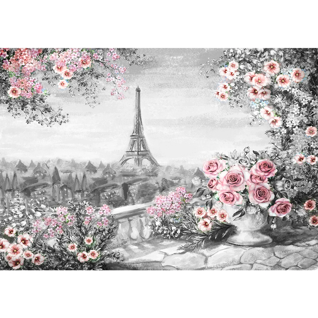 Allenjoy background photography Paris Tower pink Floral Spring oil painting banner newborn background photocall