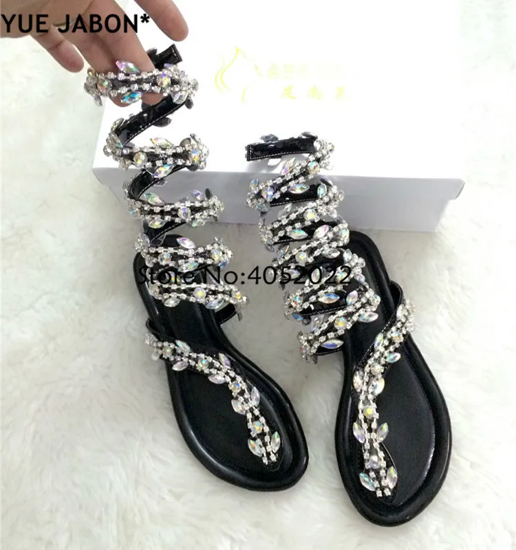 YUE JABON Plus size 43 Luxurious gladiator women Flat Sandals Snake Punk Rhinestone Flat Heel Women Sandals Wedding Party shoes