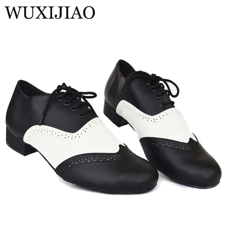 

WUXIJIAO Men's black white leather modern dance shoes new adult indoor soft outsole Ballroom dancing shoes