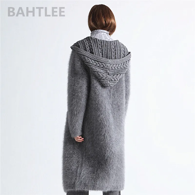 BAHTLEE-Women\'s Angora Rabbit Hat Cardigans, Super Long Sweater, Loose, Flash Pearl, Button Pocket, Very Thick,  Winter