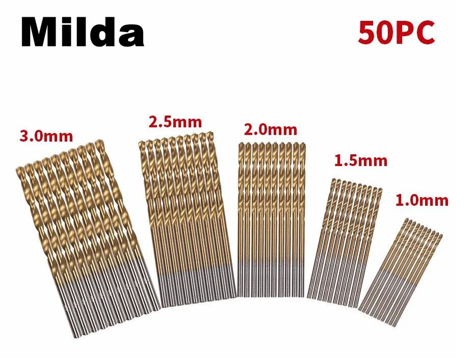 Milda 50 Pcs Twist Drill Bit Set Saw Set HSS High Steel Titanium Coated Drill Woodworking Wood Tool 1/1.5/2/2.5/3mm For Metal