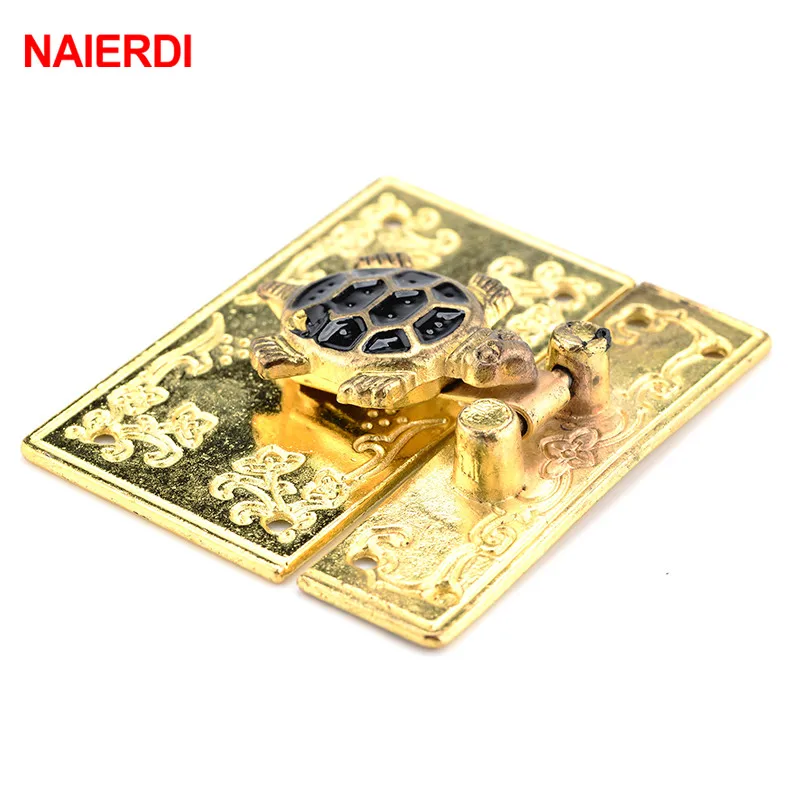 NAIERDI Gold Box Hasp Lock Decorative Jewelry Chest Wine Box Wooden Case Toggle Hasp Latch Catch Turtle shape Rectangle 55x46mm