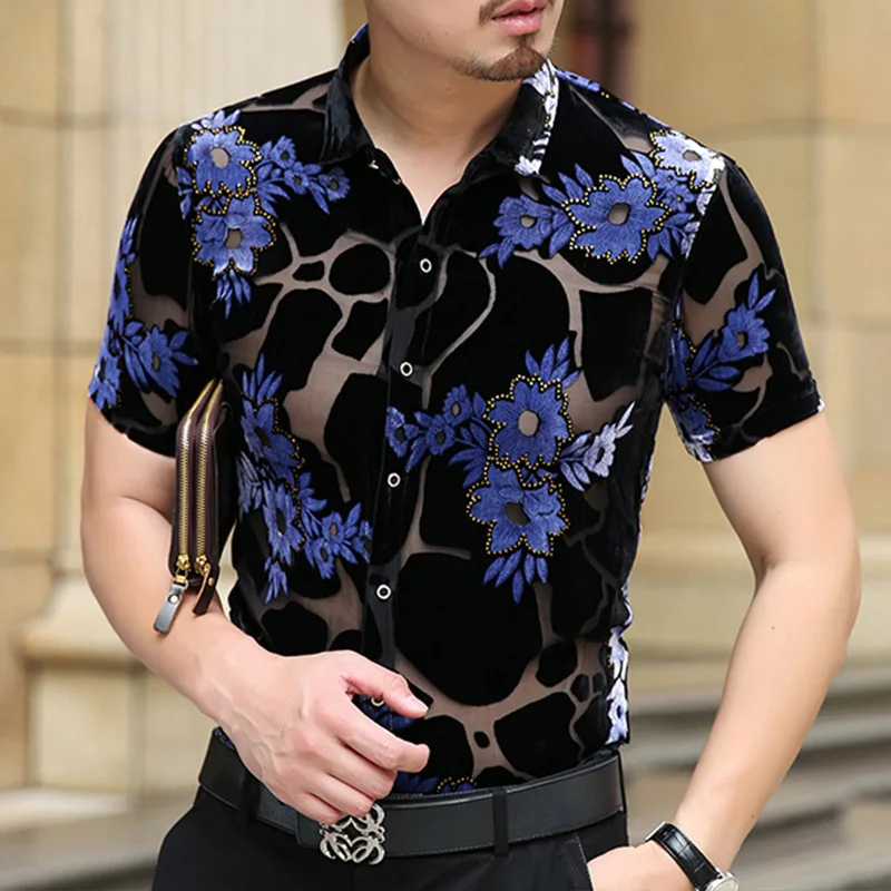 Men's See Through Shirts Summer Spring Floral Clothes Male Sexy Transparent Clubwear Dress Shirts