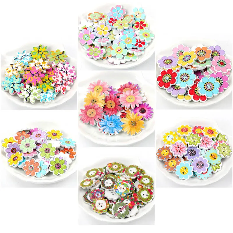 Wooden Scrapbooking Sewing Apparel Accessory Decoration Mixed Flower Painted Buttons Decorative Buttons DIY Crafts 20pcs 20-25mm