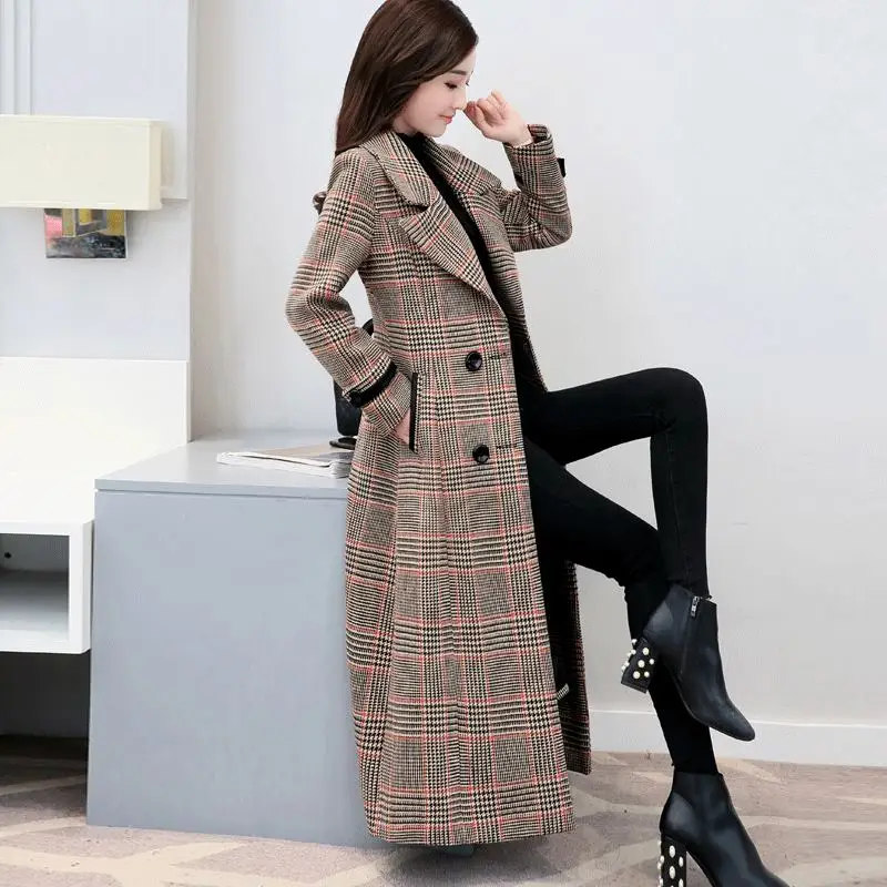 

High quality woolen jacket female long section knee 2018 new Korean version of the waist was thin houndstooth long woolen coat