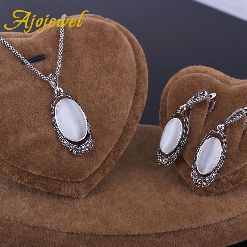 Ajojewel New Arrival White Opal Jewelry Sets Vintage Jewelry Set Stone Earrings Necklace & Pendant