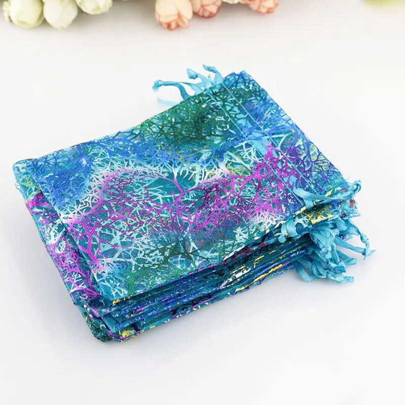 150pcs/lot Drawable GIft Organza Bag 9x12cm Blue Coral Pattern Favor Wedding Christmas Giving Jewelry Packaging Bags & Pouches