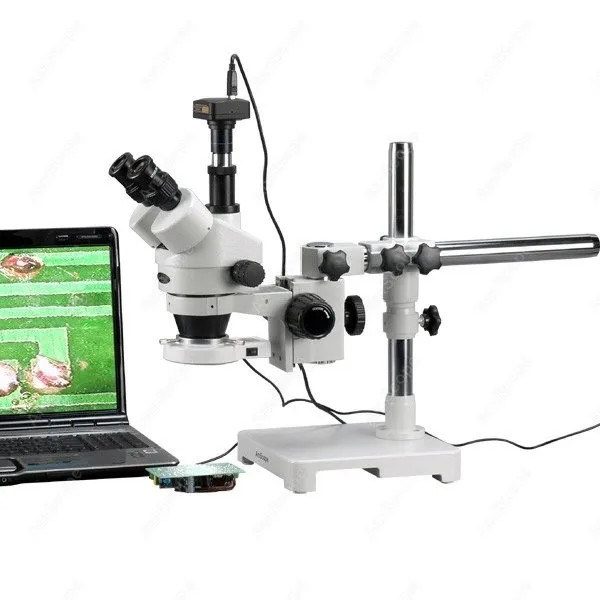 Trinocular LED Boom Stereo Microscope--AmScope Supplies 3.5X-180X Trinocular LED Boom Stereo Zoom Microscope + 1.3MP Camera