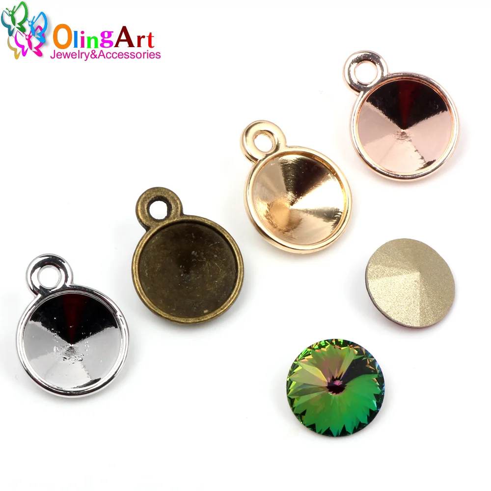 OlingArt 5pcs 14mm silver plated /bronze/Gold/ Rose gold Pendant Round Jewelry interface size 12mm Charms DIY jewelry Making