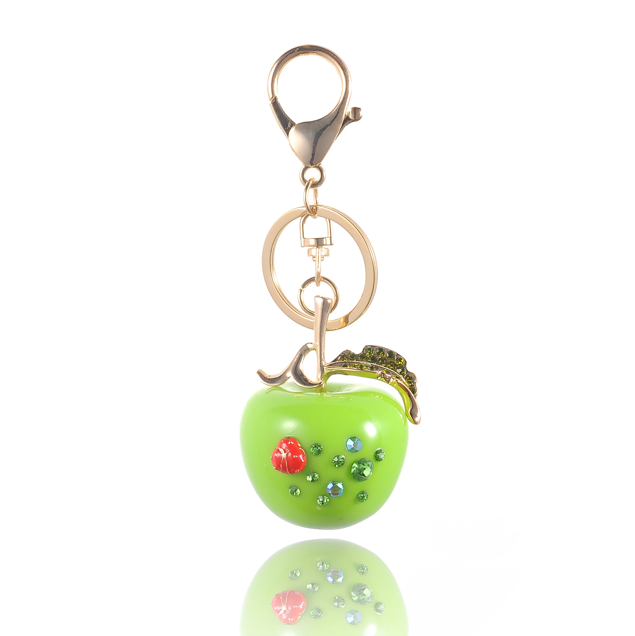 High Quality Drip Alloy Keychain Chaveiro drop oil Glaze apple gold-color rhinestone beads crystal KeyChain stainless Key Ring