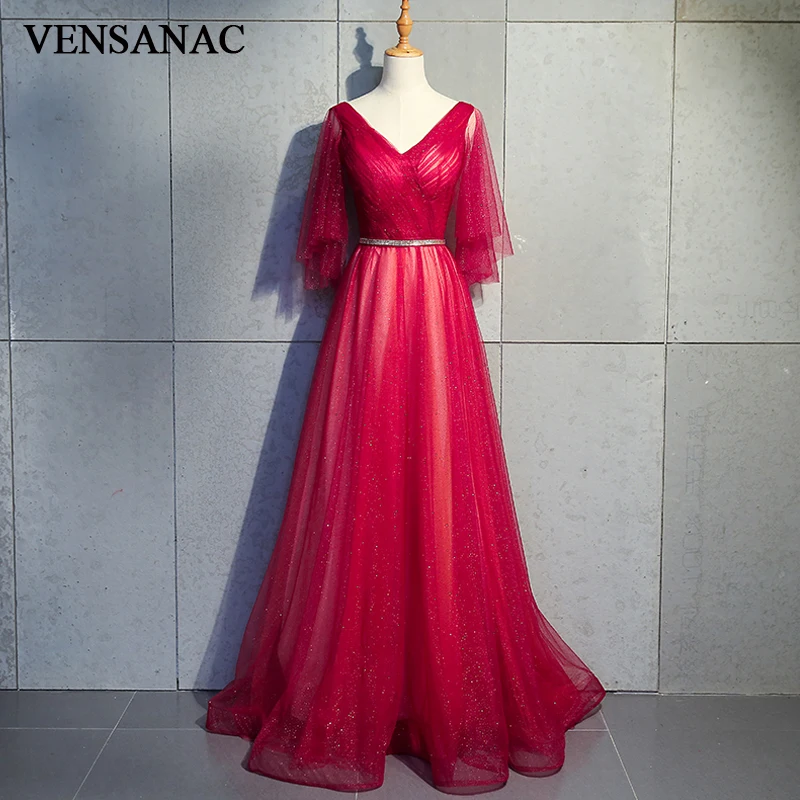 

VENSANAC V Neck Sequined Long Evening Dresses 2018 Elegant A Line Lace Party Crystal Sash Backless Prom Gowns