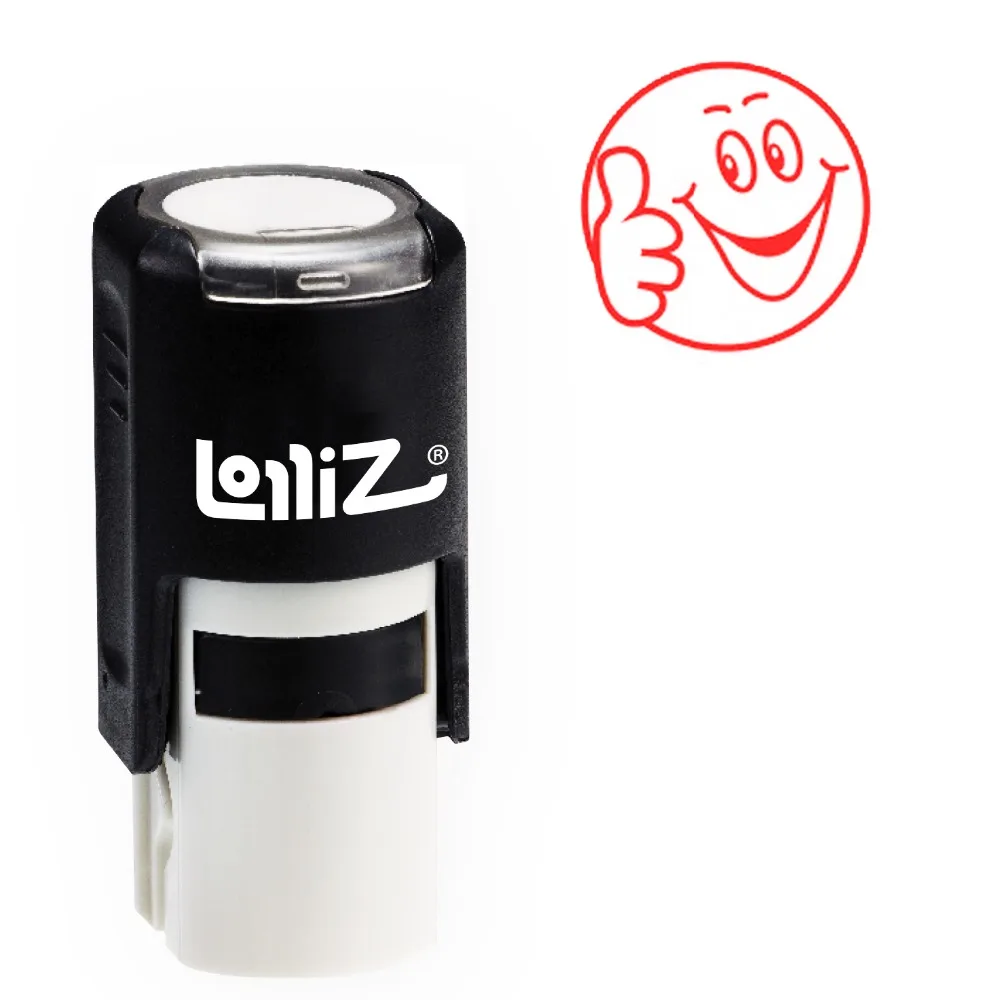 LolliZ Round Self-Inking Stamp, Thumb Up Smiling Face Image, Teacher Stamp W/Lid, Laser Engraved Rubber, RED