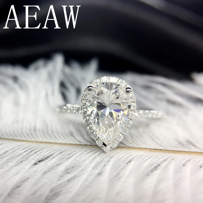 AEAW 14K White Gold  Pear Cut Moissaite 1ct DF Lab Diamond Halo Engagement Ring Free shipping For Women