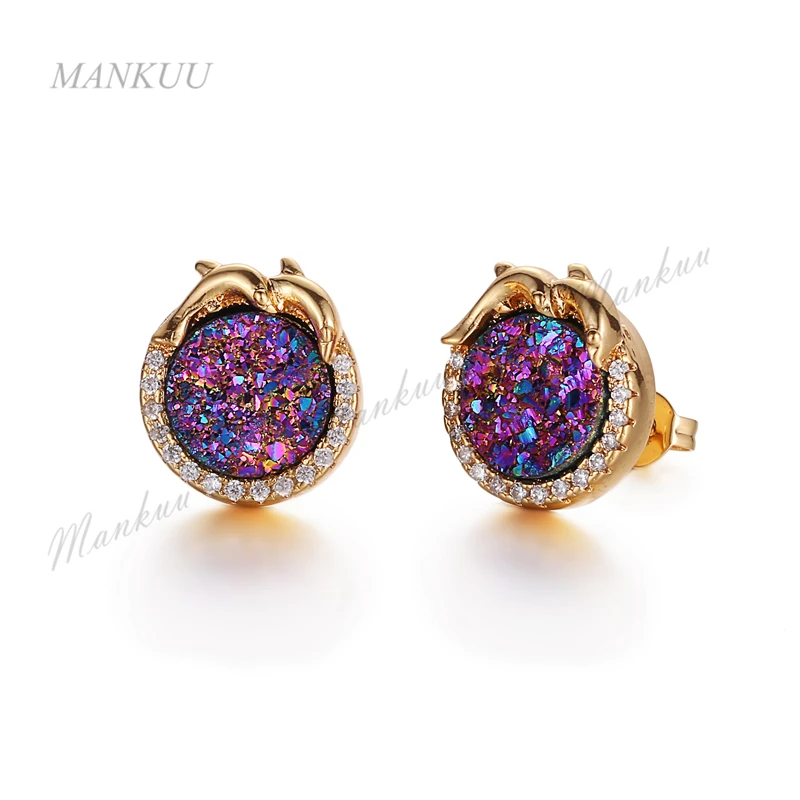 

Mankuu Natural Crystal Earring Round Shape Quarz Druzy Micro Pave Zircon Dolphin Shape Gold Plating Women Earrings