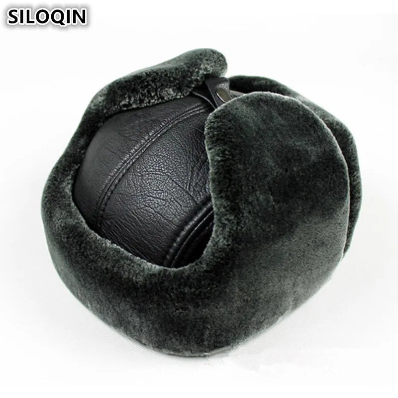 SILOQIN Genuine Leather Hat Winter Men's Earmuffs Hat Bomber Hats gorras NEW Thick Plus Velvet Warm Natural Leather Caps For Men