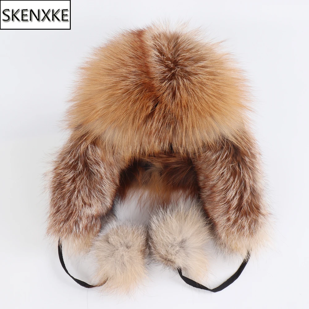 On Sale 100% Real Fox Fur Women's Russian Ushanka Aviator Trapper Snow Skiing Hats Caps Earflap Winter Ladies Fox Fur Bomber Hat Products on AliExpress