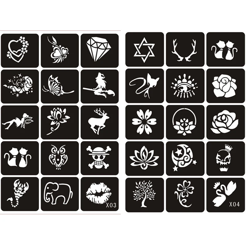 70pcs/5 Sheets Small Glitter Henna Tattoo Stencil for Woman Girl Kids Flower Butterfly Cartoon Airbrush Tattoo Drawing Template