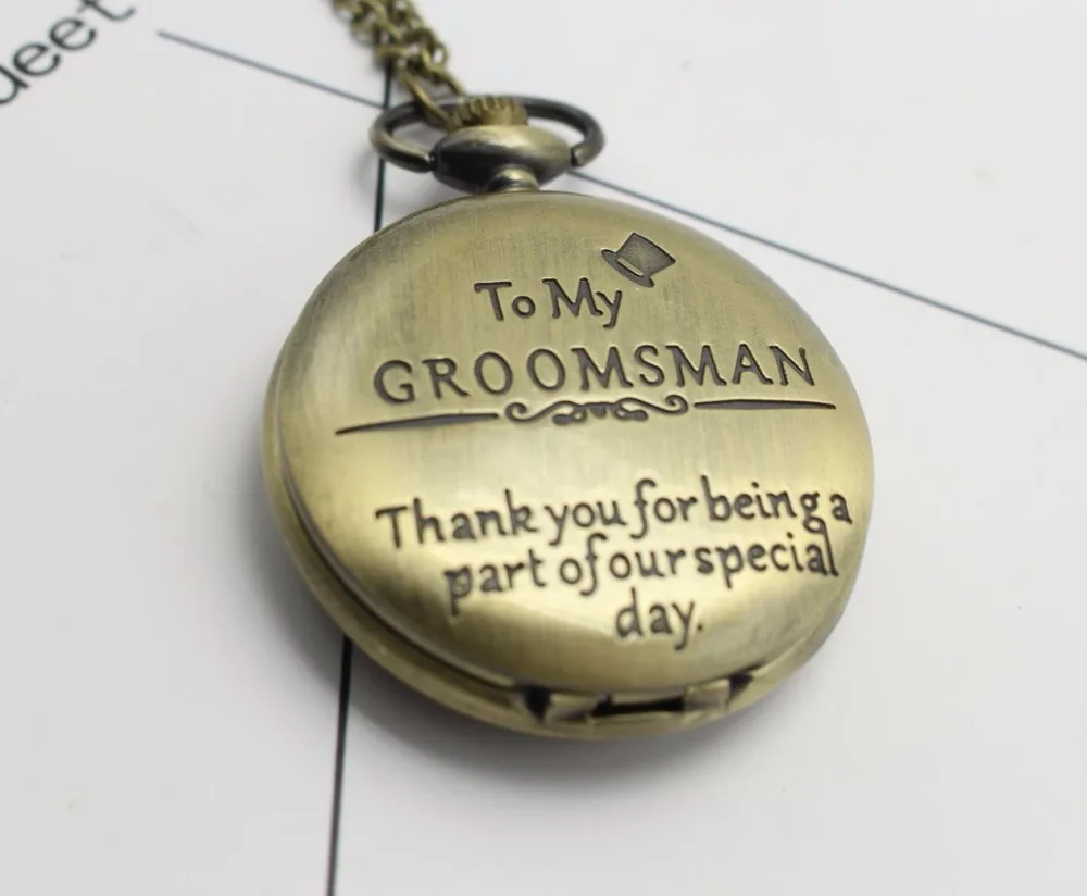 To my groomsman Bronze antiques quartz men gift pendant Necklace pocket watch chain