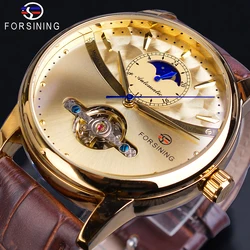 Forsining – montre-bracelet automatique en forme de lune pour hommes, Royal, dorée, étanche, mécanique, décontractée, en cuir véritable, horloge à Tourbillon