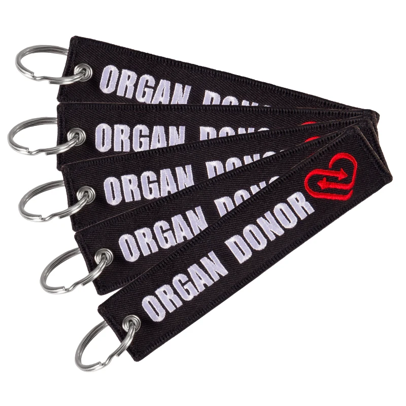 Fashion Keychain Organ Donor Keychains Holder for Motorcycles REMOVE BEFORE FLIGHT Key Fobs Organ Donor Embroidery KeyRing Chain