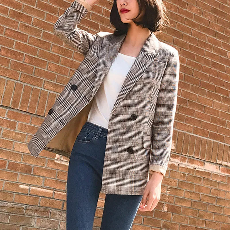 Vintage Notched Bouble Breasted Plaid Women Blazer Thicken Autumn Winter Jackets Female Retro Suits Coat Work high quality