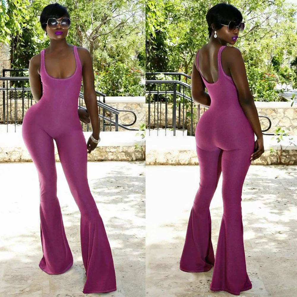 

Effortless 2018 Summer New Women Sexy Jumpsuits U Neck Sleeveless Backless Long Flare Pants Chic Solid Purple Playsuits Overalls