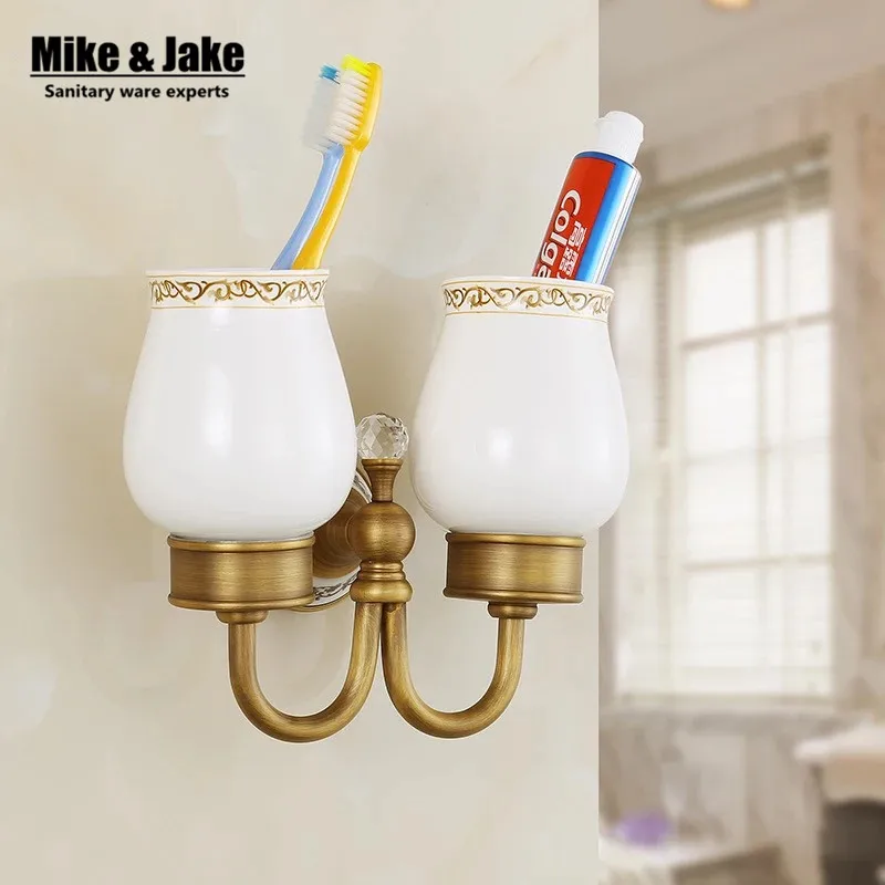 Brass antique crystal double cup holder toothbrush Antique Brass Double Tooth Brush Holder Bathroom Cup Holder Toothbrush Holder