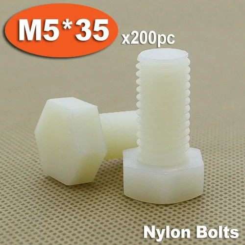 

200pcs DIN933 M5 x 35 Fully Threaded White Plastic Nylon Bolts Hexagon Hex Head Bolt Set Screw Setscrews