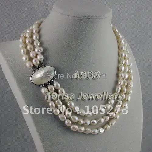 

A908# Grade AA 7-8MM 3Rows Length 43-48CM Fashion White Shell Clasp Fresh Water Pearls Necklace