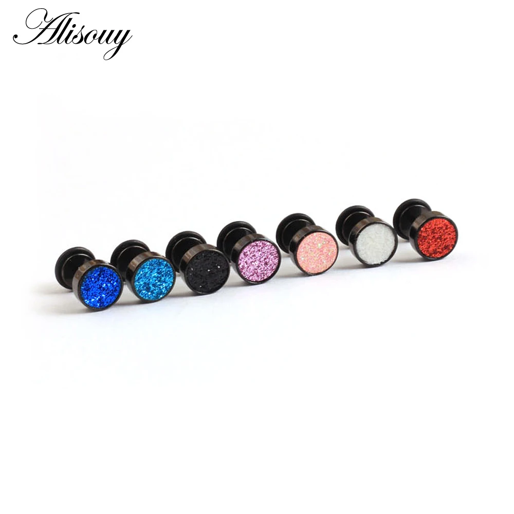 Alisouy 1Pair Black Gold Color Stainless Steel Barbell Round Stud Earrings Punk Women Men frosted Scrub Screw Ear Jewelry