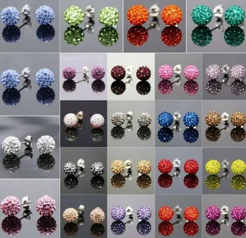 20pair/lot 10mm disco ball bead mixed white multicolor stainless steel Crystal Beads stud  earrings silver plated y3433