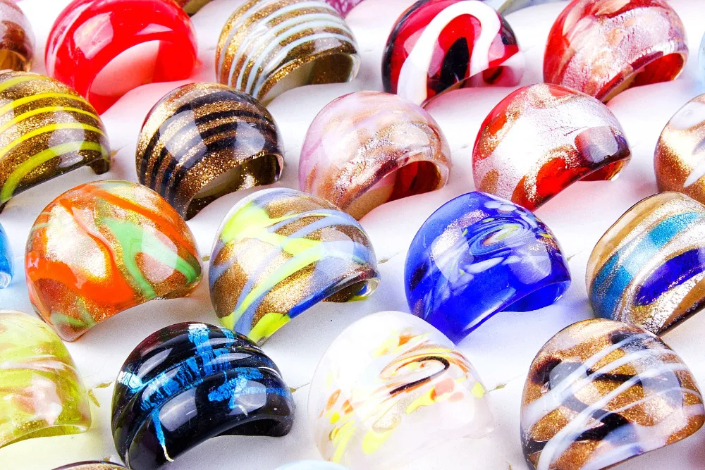 Wholesale Lot 25Pcs Summer Style Murano Glass Lampwork Ring Birthday Men Women Wedding Party Valentine Gift Fashion Jewelry FREE