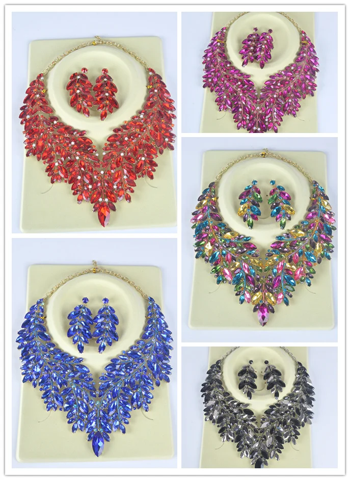 Luxurious Dubai Style Wedding Jewelry Sets Rhinestone Crystal Statement Bridal 5 color Necklace Sets Christmas Gift For Women