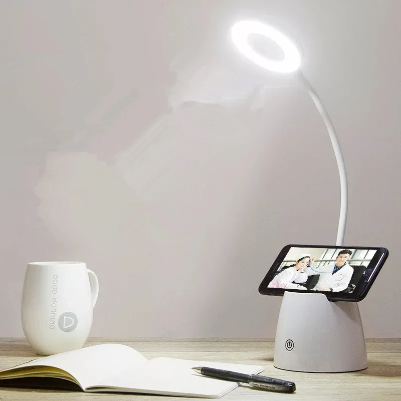 HAWBOIRRY LED touch on/off switch 3 mode mobile phone bracket desk lamp eye dimming rechargeable USB LED pen holder desk lamp