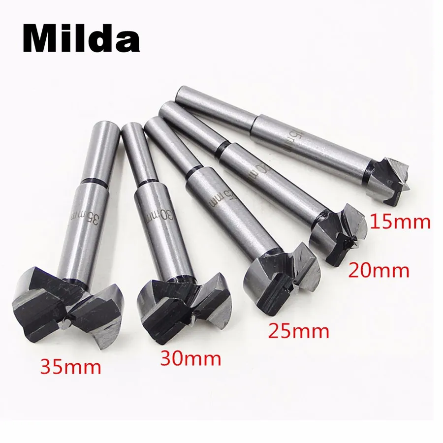 Milda 5PCS/Set New YG8 Forstner Auger Drill Bit Woodworking Hole Saw Wooden Wood Cutter Dia 15 20 25 30 35mm Hand Tools