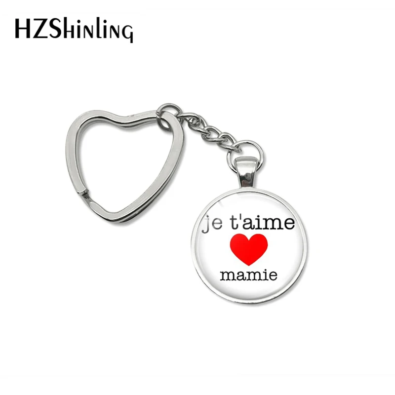 Fashion Super Mamie Quotes Heart Key Chains Holder Glass Dome Pendant je suis une Mamie Letter Design Keyring Keychanis Jewelry