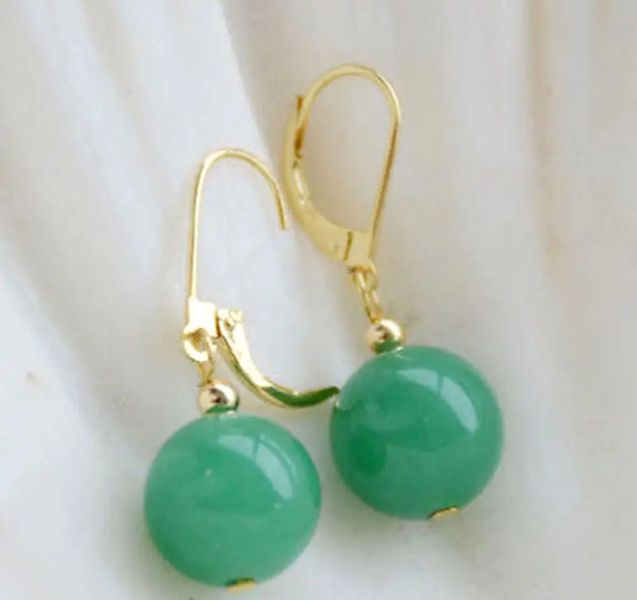 

5pair Hot sale new Style Handmade 12mm Green Round Jade Yellow Gold Plated Earrings Leverback