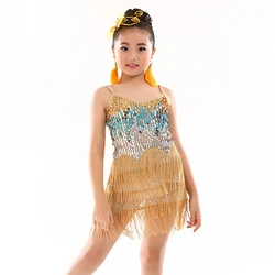 8-14 Years Children Dance Dress One Piece Latin Dresses for Girls Fringe Ballroom Latin Dress for Girls Sequins