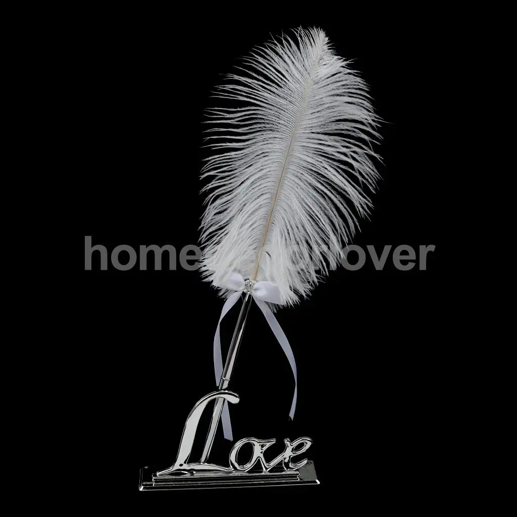 Wedding Reception White Ostrich Feather Quill Guest Book Signing Pen with Golden Love Pen Stand Holder Set